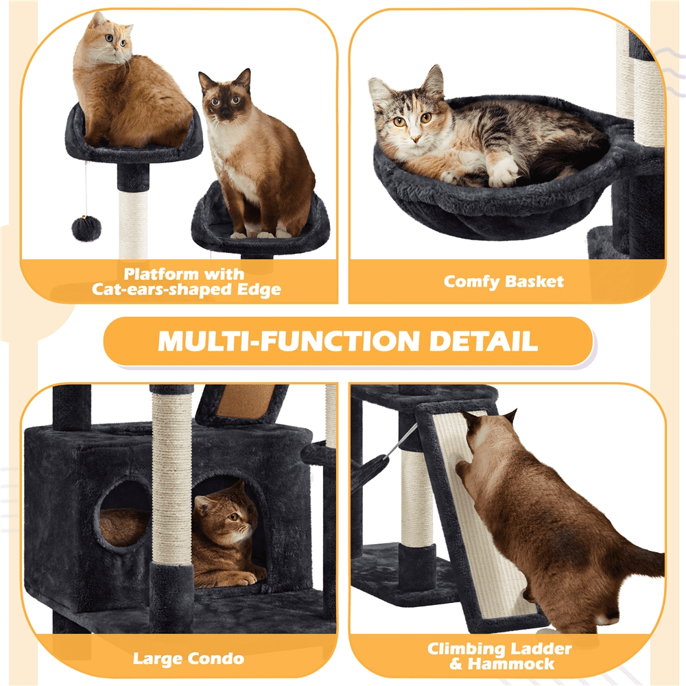 Alden Design 82.5" H Multi Level Cat Tree with 2 Cozy Condos and Basket, Black