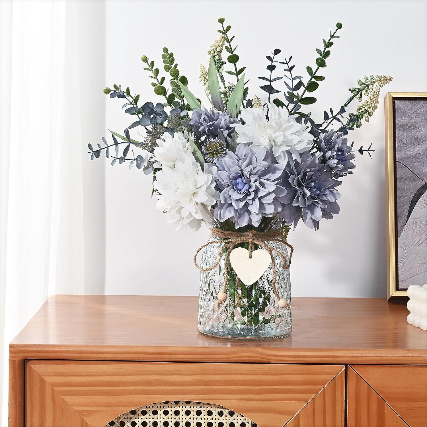 Faux Flowers in Vase, Fake Flowers with Vase, Dahlia Artificial Flowers in Vase Centerpieces for Dining Room Table Artificial Dahlias Flower Arrangement for Home Office Farmhouse