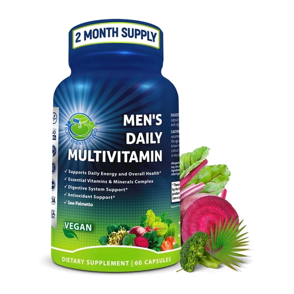 Men's Daily Multivitamin – Vegan Methylated Multivitamin for Men with Saw Palmetto, Biotin, Organic Superfoods, Probiotics & Enzymes – Energy, Gut & Optimal Health Support – Easy to Swallow Capsules