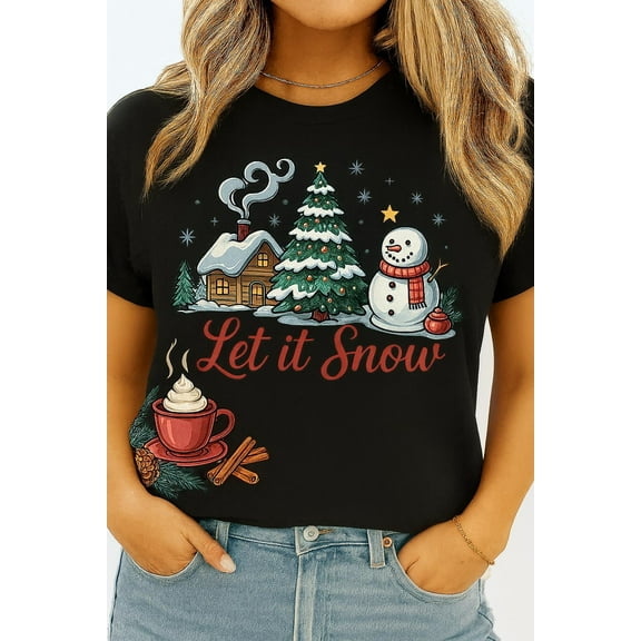 SEIKEMS Let It Snow Christmas Shirt, Winter Cabin Snowman Tee, Hot Cocoa Holiday Shirt, Cozy Winter Gift, Cute Christmas Graphic Tee