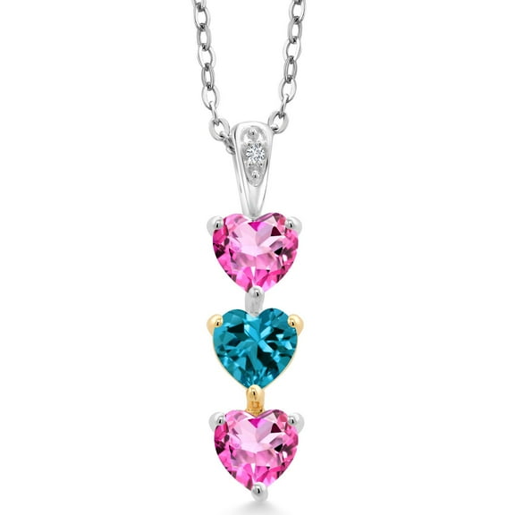 Gem Stone King Keren Hanan Lab Grown Diamond 3 Stone Heart Shape Pendant Necklace with Chain 1.76 Ct Pink Mystic Topaz London Blue Topaz 925 Silver and 10K Yellow Gold