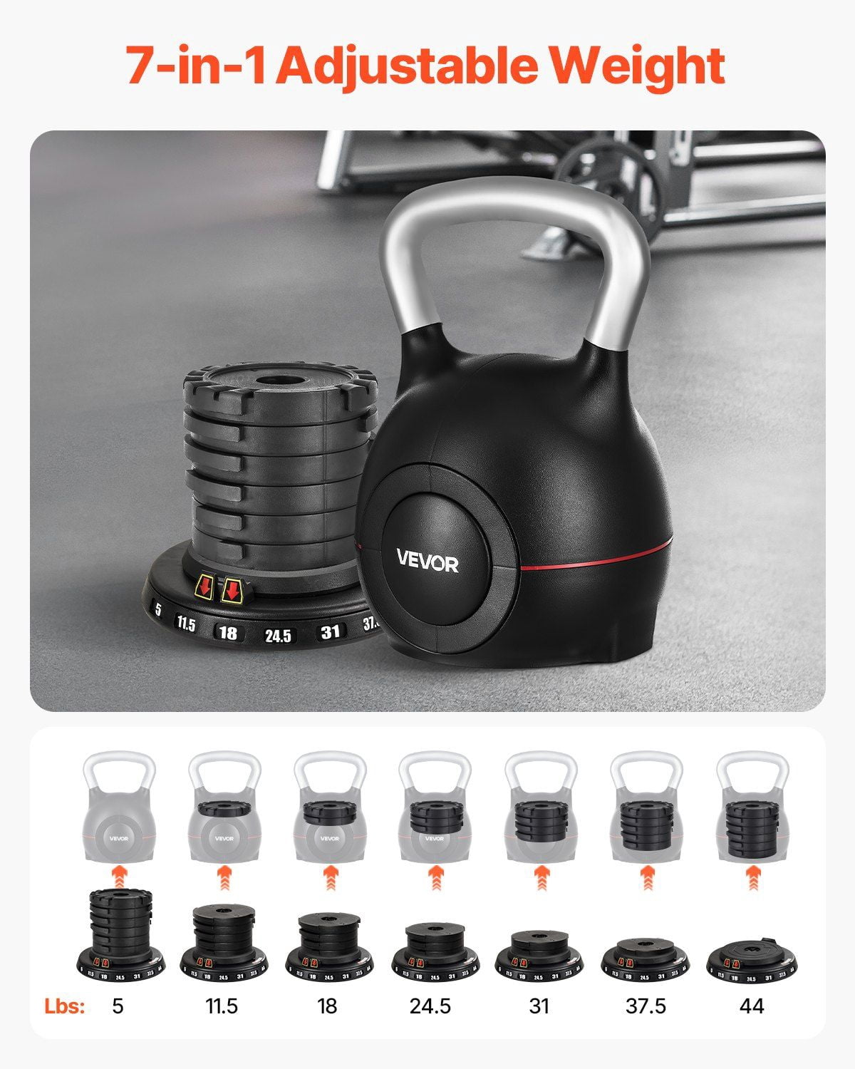 Adjustable Kettlebell with 7 Weight Levels (5-44 lbs), Die-Cast Aluminum & ABS, for Grip Strength, Full-Body Workout and Cross-Training