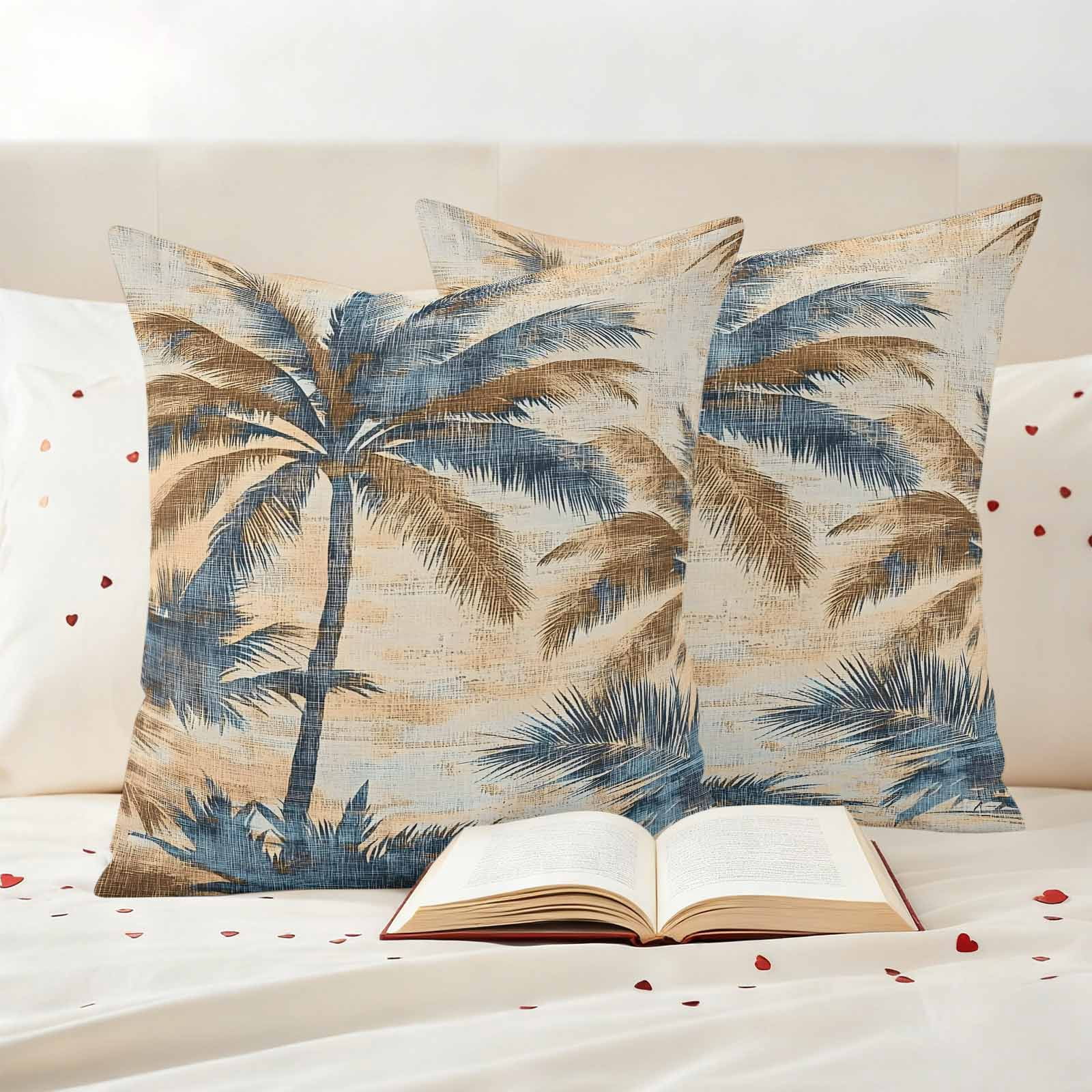 Retro Palm Leaf Outdoor Pillow Covers 18"x18" Set of 2, Brown Blue Tropical Plant Waterproof Throw Pillow Covers for Patio Furniture, Decorative Cushion Covers for Porch