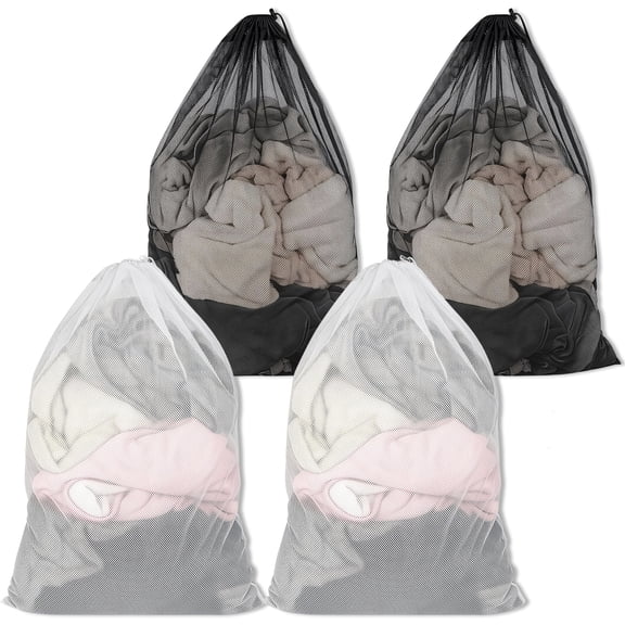 4 Pack Large Mesh Laundry Bags, Heavy Duty Polyester Drawstring Wash Bags, Reusable Net Bags for Delicates, Bedding, Travel