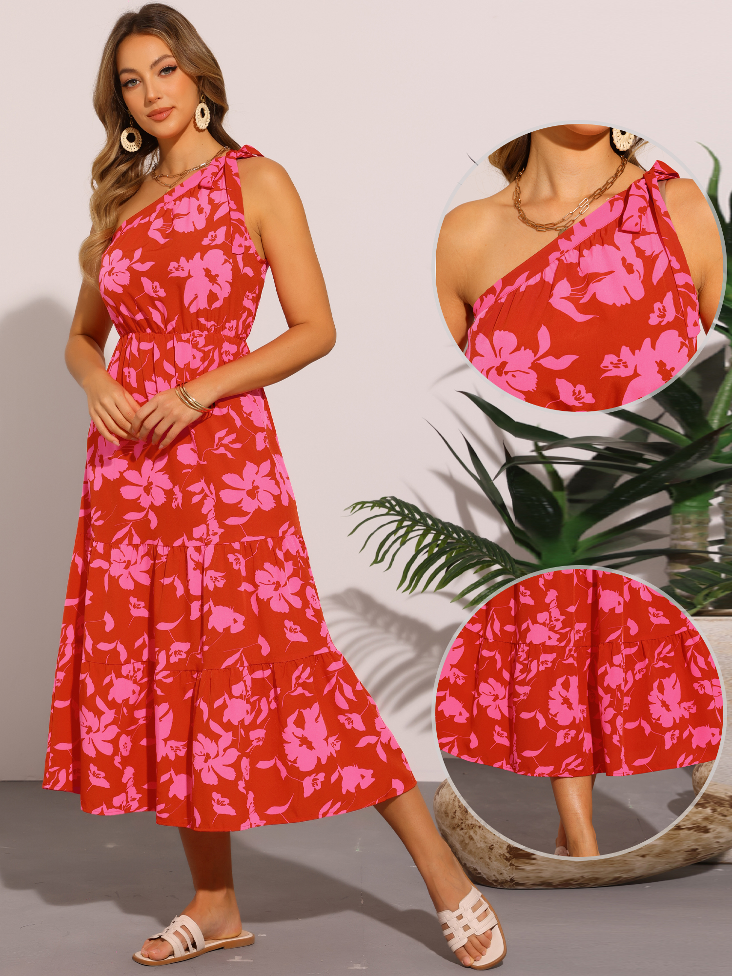 DARING DIVA Floral Midi One Shoulder Sleeveless Boho Dress L Hot Pink