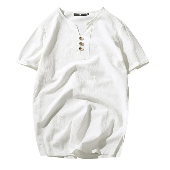 Kovlvoll Mens Shirts Plus Size Lightweight Comfy Casual Cotton Linen Button V Neck Short Sleeve Solid Color T-Shirt