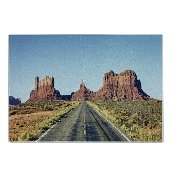 Arizona Cutting Board, Adventure Trip Themed Panoramic View of Long Road at Monument Valley USA Highway, Decorative Tempered Glass Cutting and Serving Board, in 3 Sizes, by Ambesonne