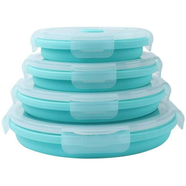 Set of 4 Round Collapsible Food Storage Containers With Lids,Collapsible Bowls for Camping,Collapsible Silicone Lunch Box, Leftover Meal Box, Microwave, Freezer Safe,Blue