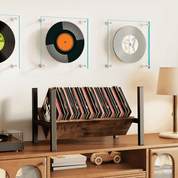 RTVR Vinyl Record Storage Holder Stand Display Rack, 100 Album Capacity, Black Metal with Wooden Divider, Book Organizer