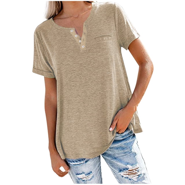Birdeem Women Fashion Solid Color V-Neck Button T-Shirt Tops Short Sleeve Loose Blouse