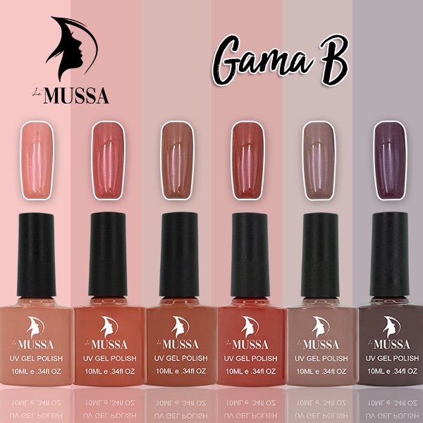esmalte en gel mussa gama mussa paquete de 6 esmaltes uv, seis frascos cuadrados con tapa negra sobre fondo rosa degradado; tonos surtidos visibles arriba de cada frasco (coral, rosa, nude, terracota, topo y ciruela) con logotipo MUSSA en las etiquetas. También apto para probar combinaciones de manicura degradada o muestras de color en uñas de práctica.