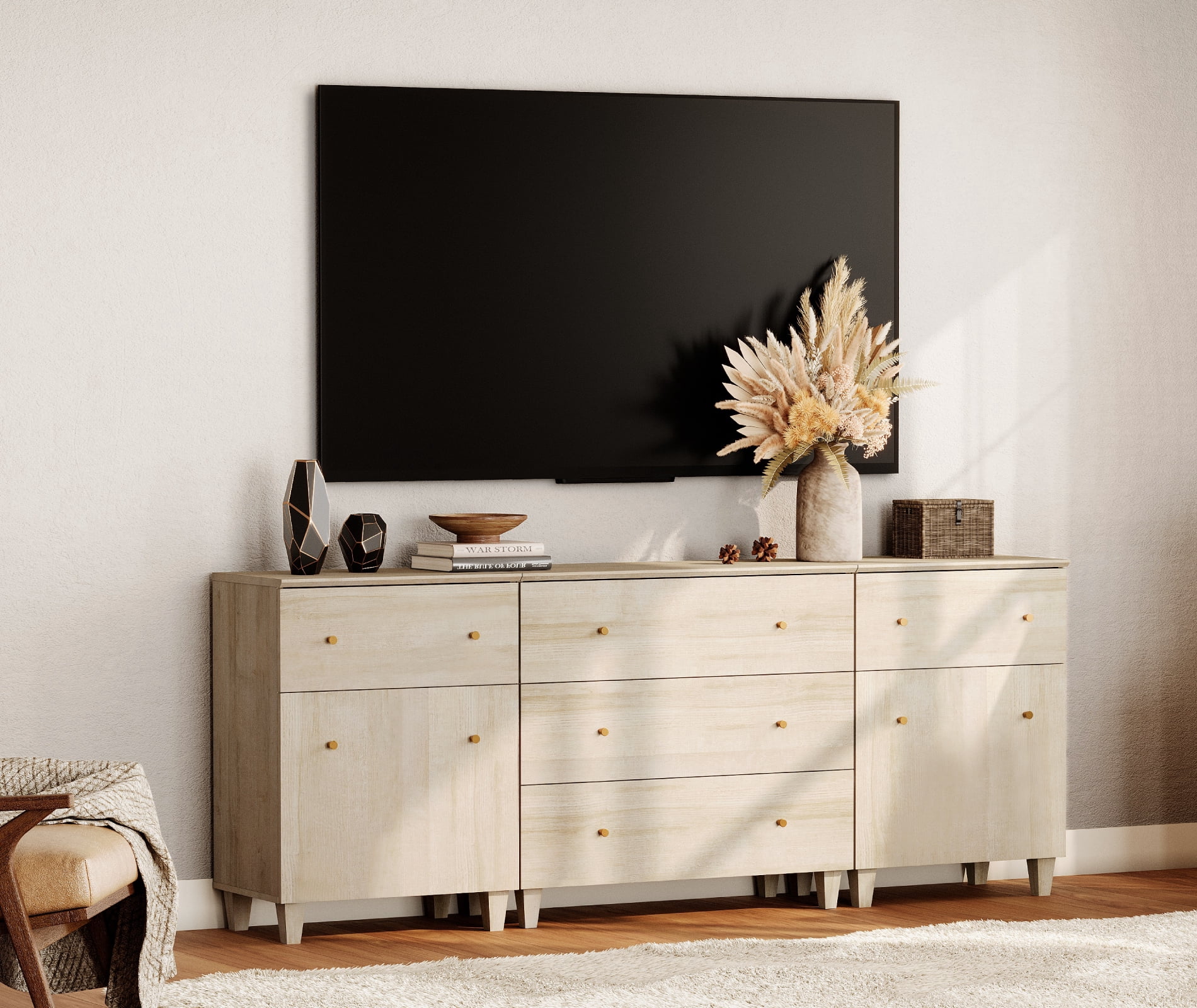 WAMPAT Wide TV Stand for 85+ Inches TVs, 3-in-1 Modern Wooden Media Console with 5 Spacious Drawers and 2 Storage Cabinets for Living Room, Light Oak