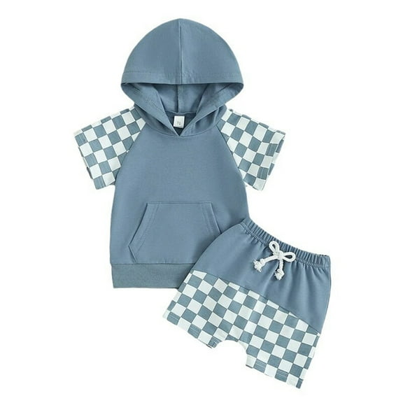 GYRATEDREAM Toddler Baby Boys Clothes Set Checkerboard Short Sleeve T-Shirt Elastic Shorts Hooded Top Summer Outfits 0-3 Years