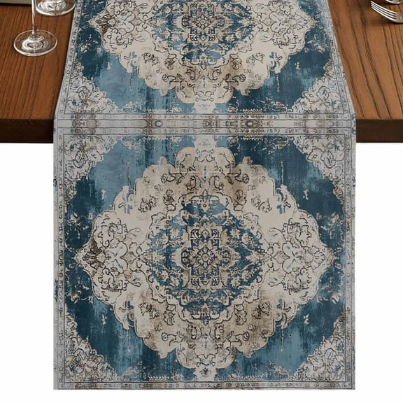 Blue Gray Boho Flower 48 Inch Table Runner, Vintage National Floral Farmhouse Dresser Scarf Cotton & Linen Tablerunner for Dining/Kitchen Island/Holiday Party Décor 13" x 48"
