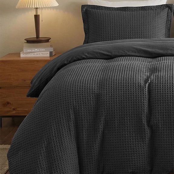 Waffle Weave Duvet Cover Size - Duvet Cover Set for , Textured PureWoven Breathable Bedding Sets with Pillow Shams, Zipper, 4 Conner Ties,Dark Grey
