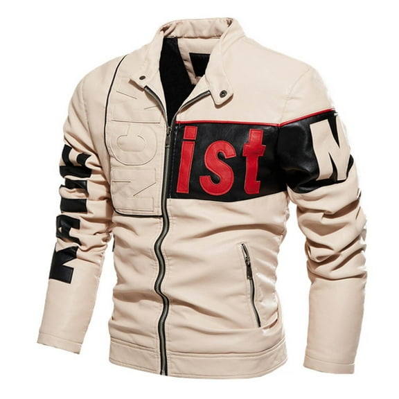 USNSM Men's PU Leather Motorcycle Jacket Winter Moto Clothing Fashion Zipper Pocket Windproof Warm Long Sleeve Hoodless Faux Leather Outwear Jacket Beige L
