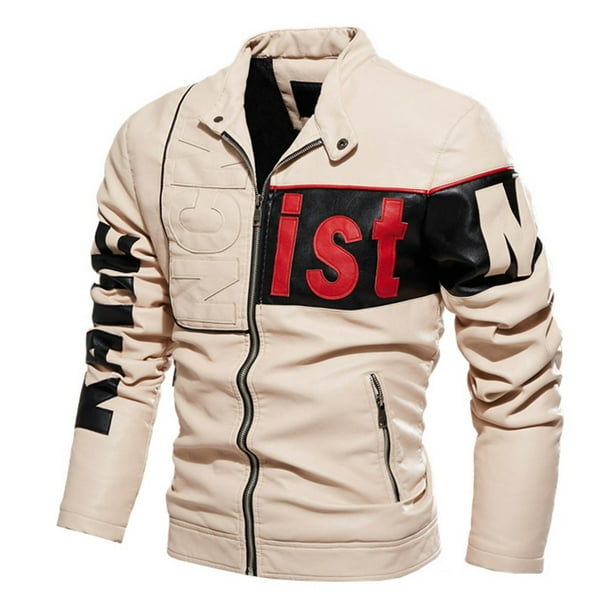 Ceisia Windproof Warm Men's Slim Fit Color-Block Letter Print Faux Leather Biker Jacket Gift