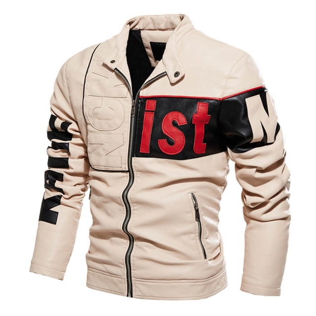 Ceisia Windproof Warm Men's Slim Fit Color-Block Letter Print Faux Leather Biker Jacket Gift