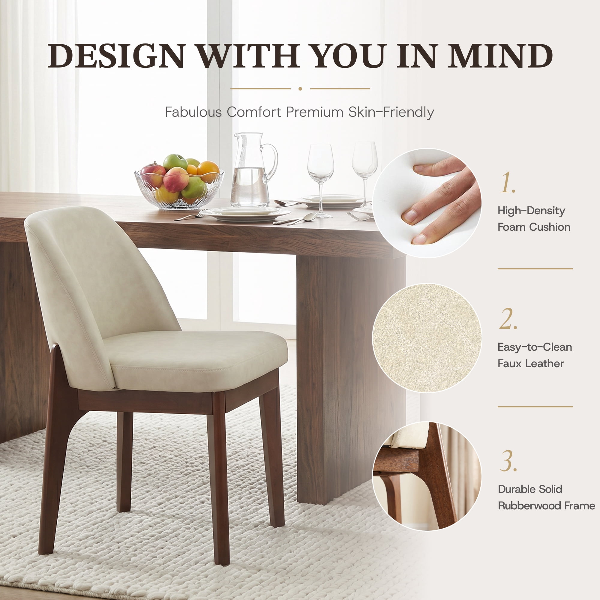 19.7" W Faux Leather Dining Chairs Set of 2, Modern Upholstered Kitchen Chairs with Solid Wood Legs, Easy Clean, Beige