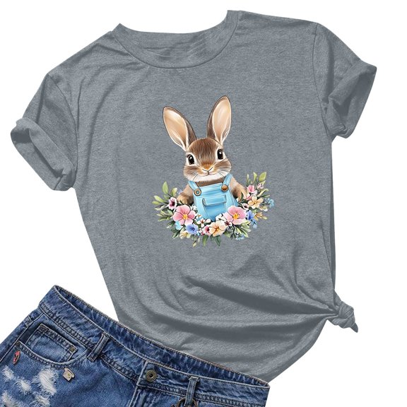 ClodeEU Womens Easter Print Short Sleeve T-Shirt,Short Sleeve Grewneck Trendy Casual Tee Gray,Womens Plus S