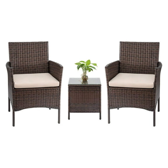 Tozey 3 Pieces Patio Furniture PE Rattan Outdoor Conversation Set with Table Backyard Porch Garden Poolside Balcony (Brown) Onesize