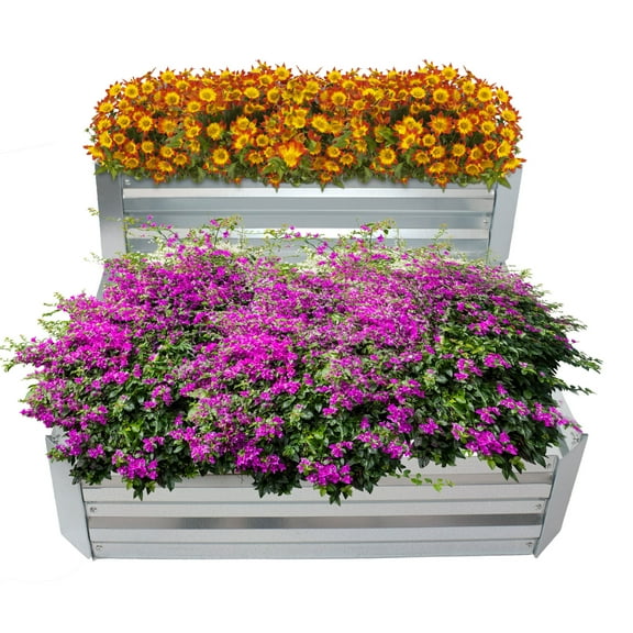 Sunnydaze 47" x 34.5" x 11.75" 2-Tier Silver Galvanized Steel Outdoor Raised Garden Bed