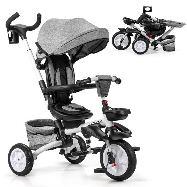 6-In-1 Kids Baby Stroller Tricycle Detachable Learning Toy Bike w/ Canopy Gray