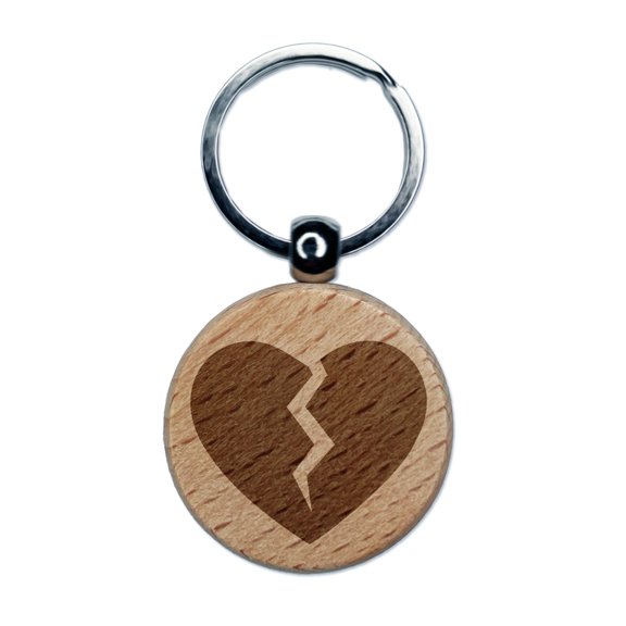 Broken Heart Love Round Keychain Charm Tag - Engraved Wood