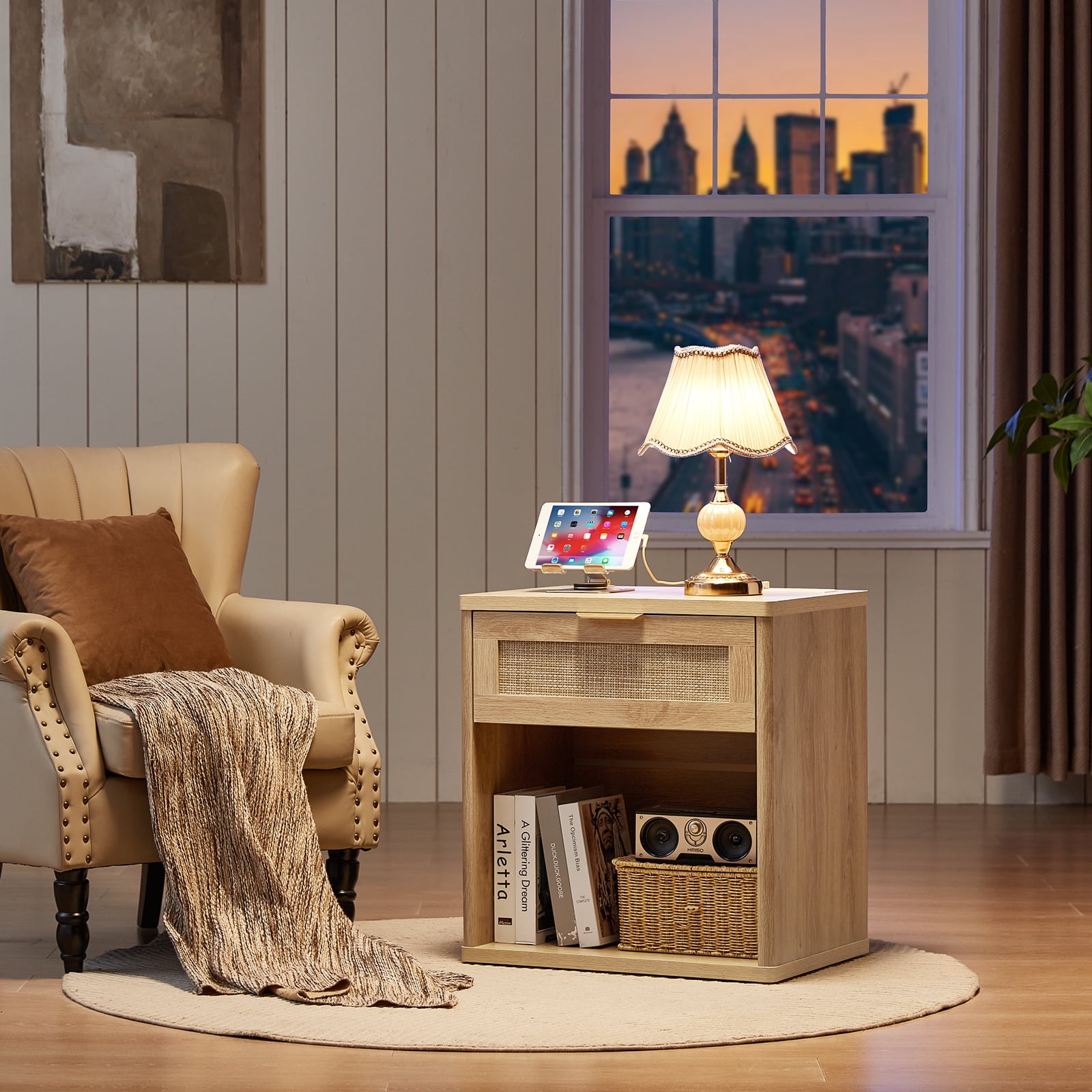 LELELINKY Rattan Nightstand with Charging Station, 23" Wide Boho Bedside Table with Drawer and Shelf for Bedroom, Living Room, Wood