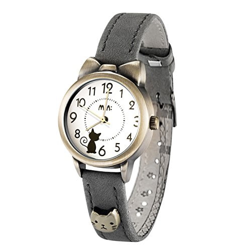 Fq-234 Soft Leather Strap Bowknot Cute Kitty Girl's Women's Students Quartz Wrist Watches Grey