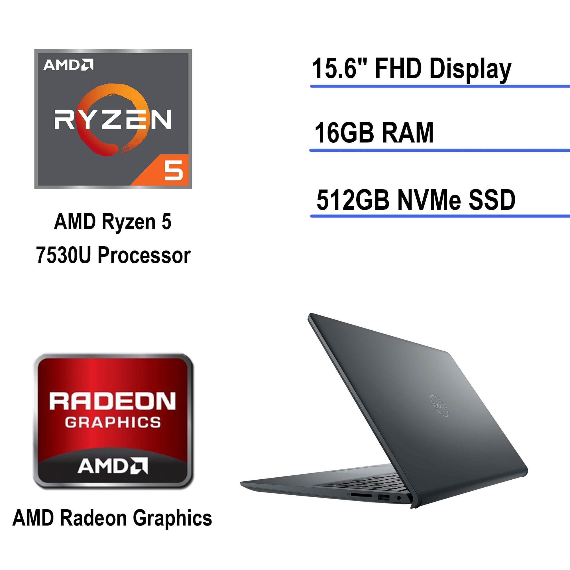 Dell Inspiron 15 3535 15.6" Touch Screen FHD Business Laptop, AMD Ryzen 5 7530U Processor (Beats i7-1165G7) 16GB RAM 512GB PCIe SSD USB-C,WI-FI, Bluetooth, HDMI, Win11 Carbon Black