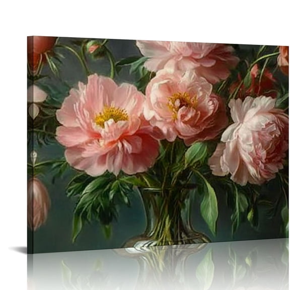 FCXZI Floral Wall Art, Peonies Painting Moody Wall Art Canvas Prints Pictures Vintage Art Print Farmhouse Décor Flower Wall Décor for Living Room Bedroom 16x12in