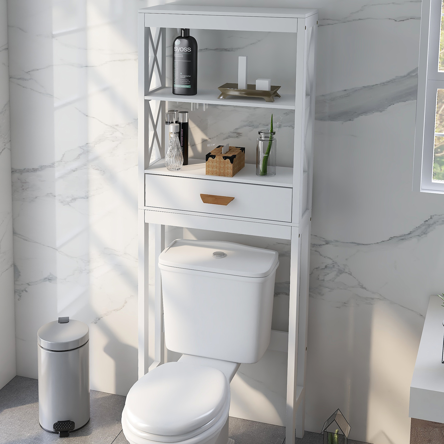 Bathroom Above Toilet Cabinet, White MDF Storage Cabinet, Bathroom Storage Space Saver with One Drawer & Two Open Shelves, Over The Toilet Storage for Bathroom, K2509 - image 2 of 9
