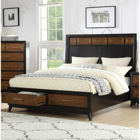 Wooden Queen Bed With Black Headboard Insert 2 Footboard Drawers Dark Brown Wooden Queen Bed With Black Headboard Insert 2 Footboard Drawers Dark Brown