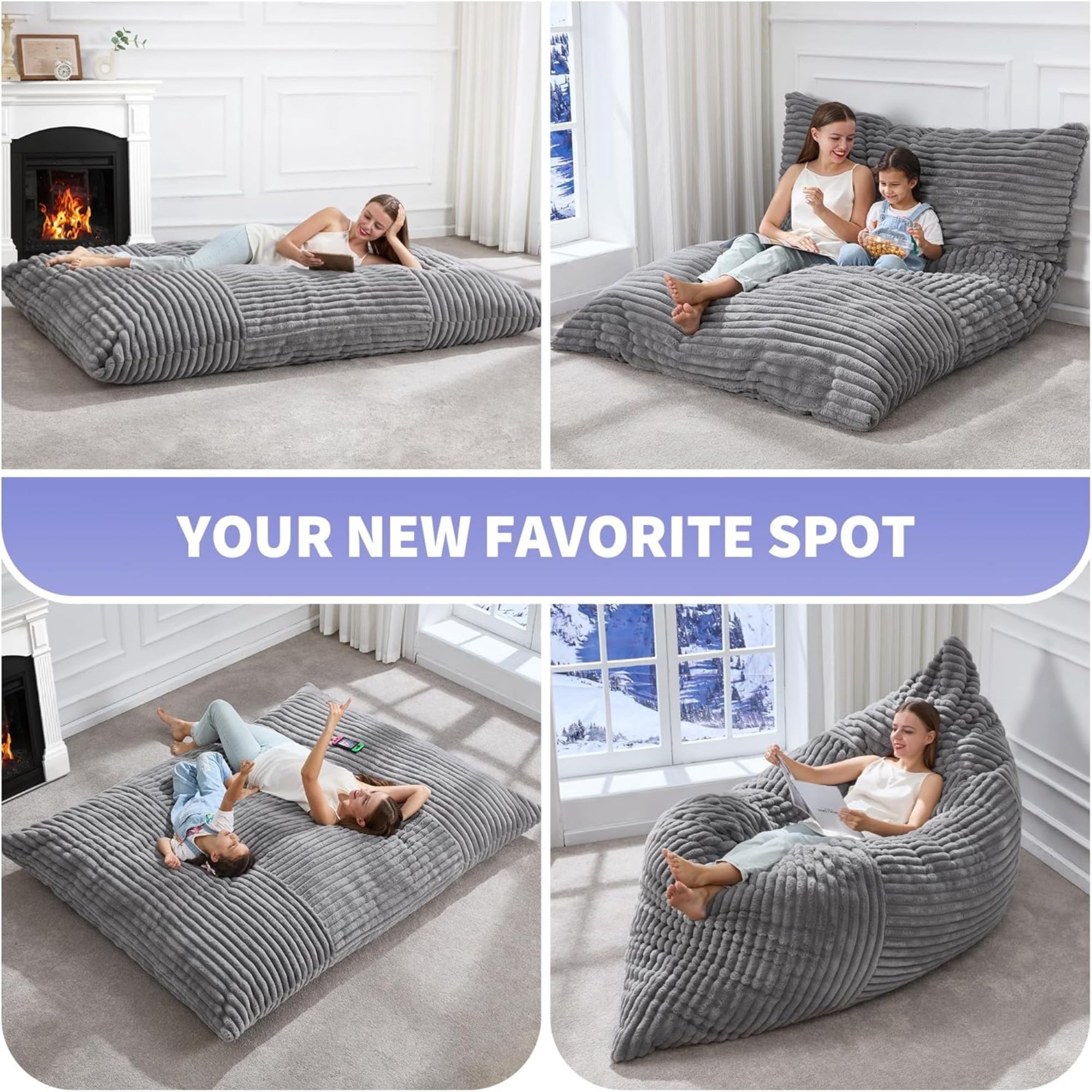 Oversized Striped Bean Bag Chair, Large Floor Lounger with Machine-Washable Corduroy Cover, Full-Body Relaxation Sofa for Home Theater, Living Room, Light Grey