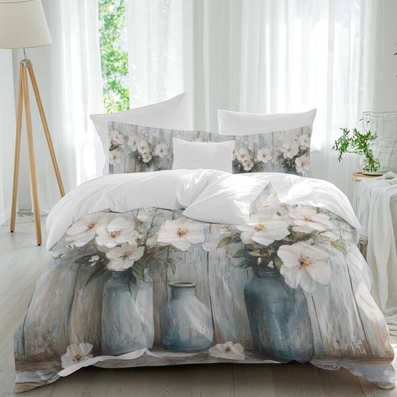 White Camellia 4 piece Duvet Cover Set, Comfort Bedding Set Queen Size Include a Duvet Cover, a Bed Sheet, 2 Pillowcase with Zipper for All Season