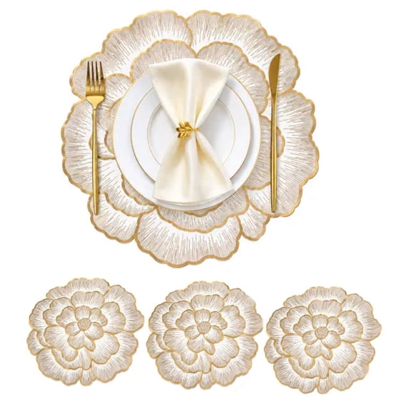 4PCS Gold Placemats Round, Floral Placemats for Dining Table, Elegant Wedding Placemats Vinyl Table Mats, Round Placemats Set of 4 for Party Restaurant