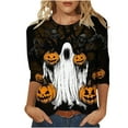 thumbnail image 2 of VKOYWKM Halloween Tshirt for Women 3/4 Sleeve Pumpkin Ghost Graphic T Shirts Casual Round Neck Loose Fit Party Top Spooky Print Tees, 2 of 5