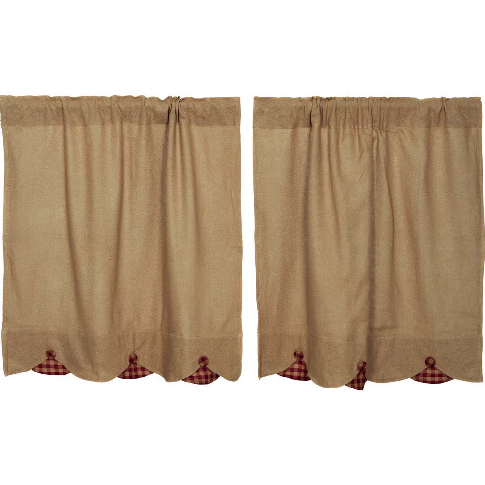 Natural Burgundy Tan Primitive Kitchen Curtains Burlap Natural Check Rod Pocket Cotton Buttons
