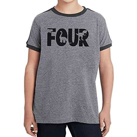 

7 ate 9 Apparel Kidsh Dinosaur Dino Birthday Shirt for Boys 4h Four Grey Ringer Tee
