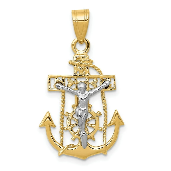 14k Gold Two Tone Anchor Crucifix Necklace with Nautical Rope Detail Religious Cross Pendant for Men and Women Spiritual Faith Jewelry for Men and Women