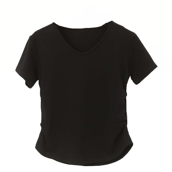 FRSASU Summer Short Sleeve Tops for Women Casual Basic Fashion Pleated Waist Workout Comfy Solid V-Neck T-shirts Black