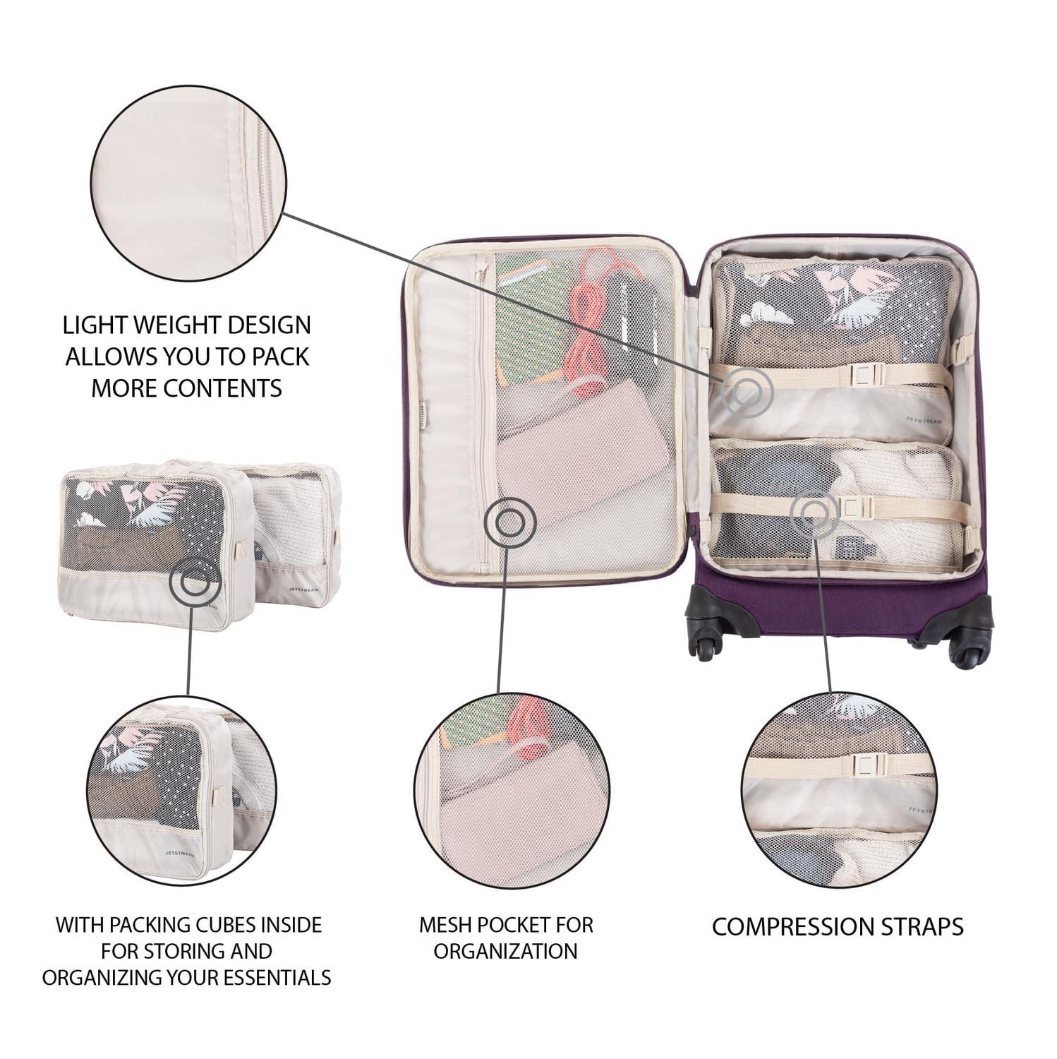 Ensemble de valises souples de 4 pièces Jetstream: Duo de bagages 20" et 25" avec 2 cubes de rangement