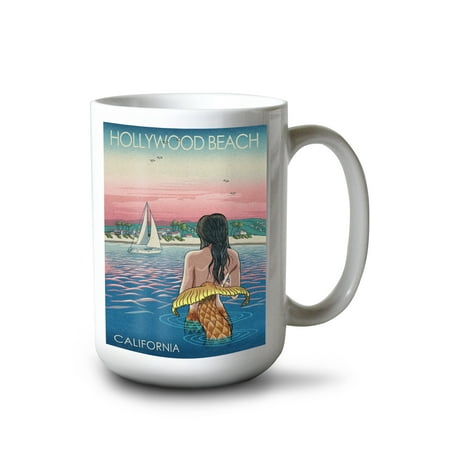 

15 fl oz Ceramic Mug Hollywood Beach California Mermaid and Beach Dishwasher & Microwave Safe