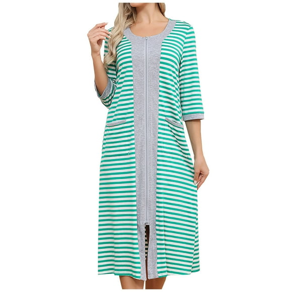 FAIWAD Women Zipper Robe 3/4 Sleeve Striped Loungewear Dress Lightweight Housecoat Full Length Nightgown with Pockets
