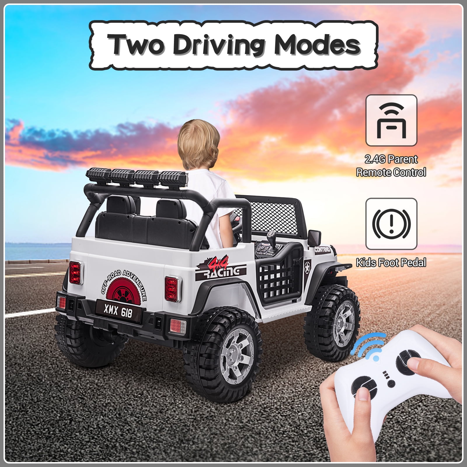12V Kids Ride on Jeep Car Electric 2 Seats Off-road Truck Vehicle with Remote Control LED MP3 White