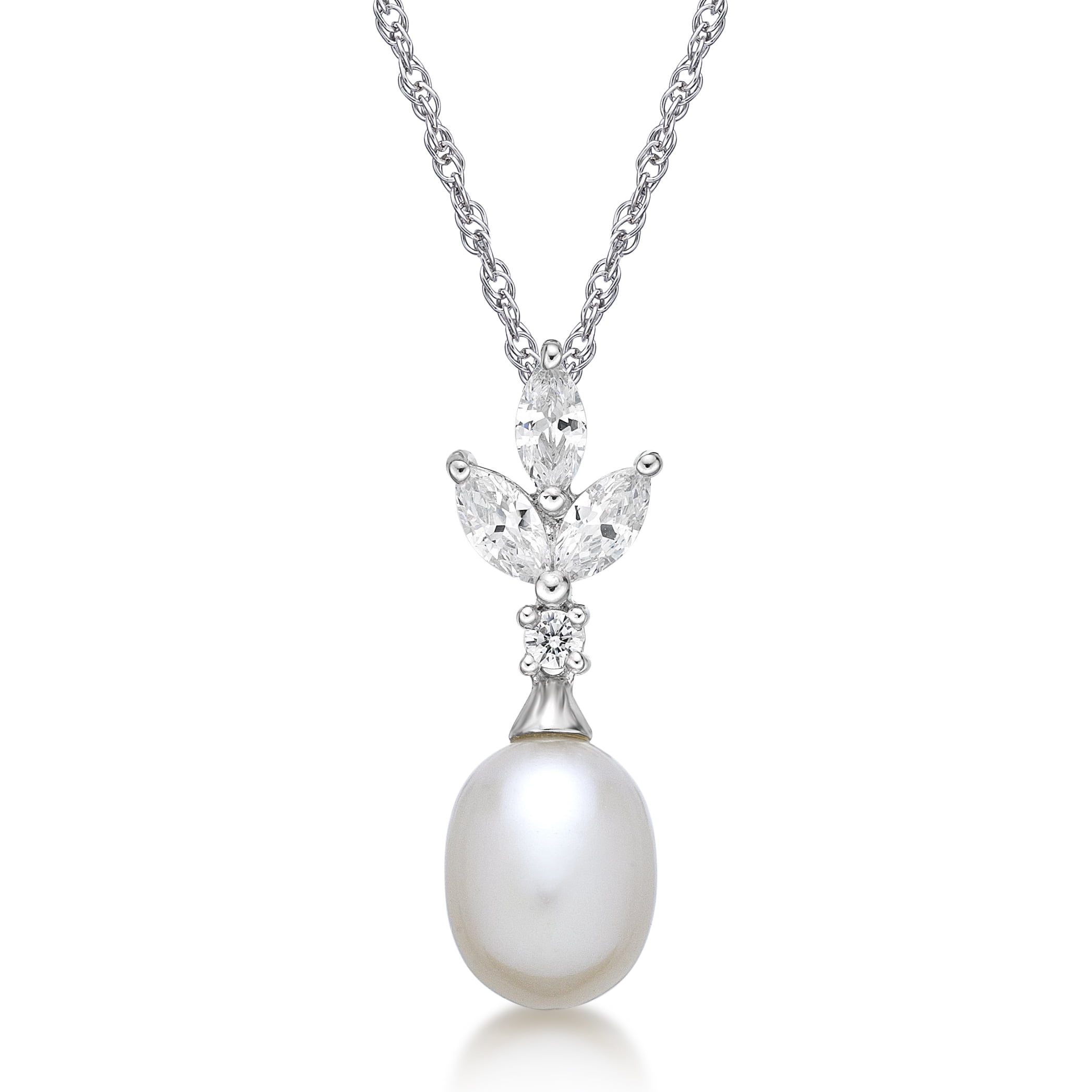 Brilliance Fine Jewelry 925 Sterling Silver Fancy Freshwater Pearl with Simulated White Diamond accent Boxed Set with Earring and Pendant, 18" Chain
