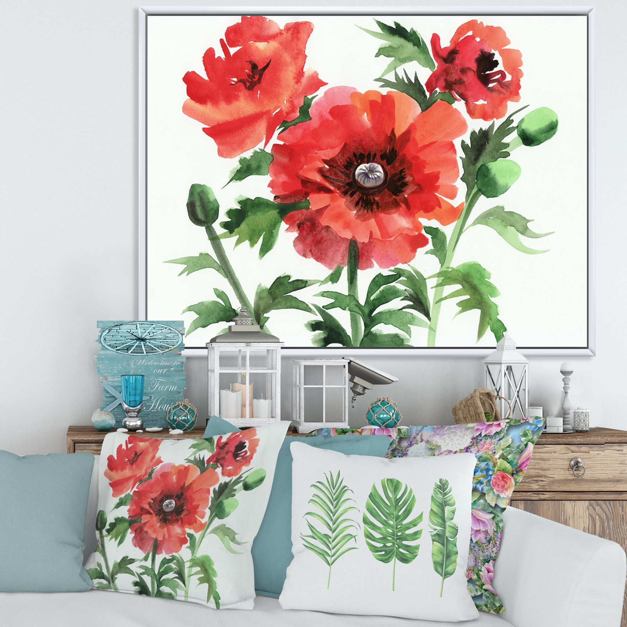 Designart 'Ancient Red Poppies II' Traditional Framed Canvas Wall Art Print
