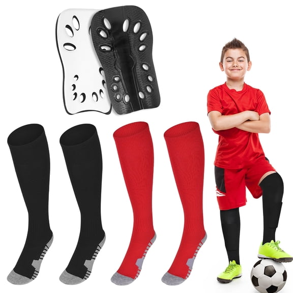 Linkidea Kids Soccer Socks with Shin Guards, 2 Pairs Breathable Knee High Socks with Lightweight Shin Pads, Long Sleeve Cushion Socks for Child 7-9 Years Over Calf Soccer Socks (Black&Red, M)