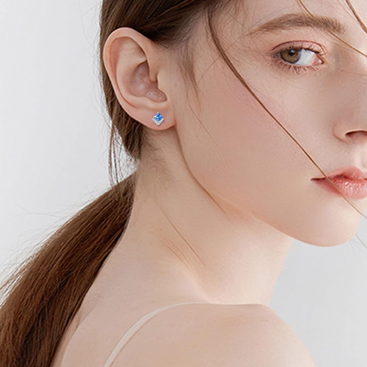 Birthstone Stud Earrings Sterling Silver Square Created Blue Topaz Crystal December Earrings Cubic Zirconia Piercing Jewelry Small Gifts for Women Mothers
